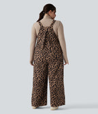 Leopard Print Waffle Casual Plus Size Dungarees with Pockets — Noir Safari — view 2