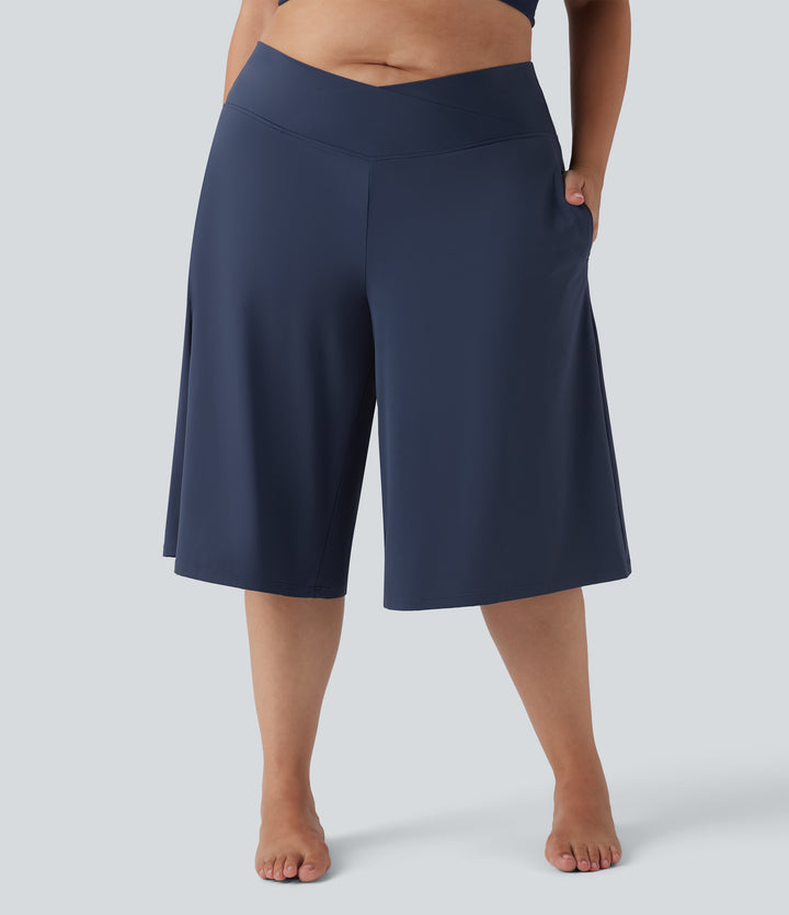 Airy Crossover High Waisted Wide Leg InstantCool Yoga Pedal Pusher Plus Size Trousers with Pockets — Mood Indigo — view 1