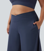 Airy Crossover High Waisted Wide Leg InstantCool Yoga Pedal Pusher Plus Size Trousers with Pockets — Mood Indigo — view 4