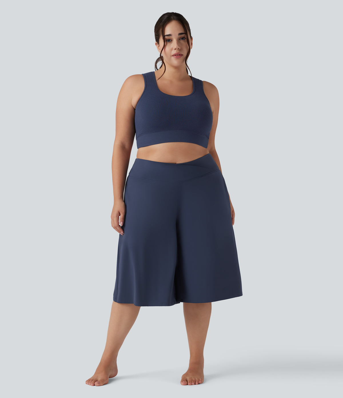 Airy Crossover High Waisted Wide Leg InstantCool Yoga Pedal Pusher Plus Size Trousers with Pockets — Mood Indigo — view 6