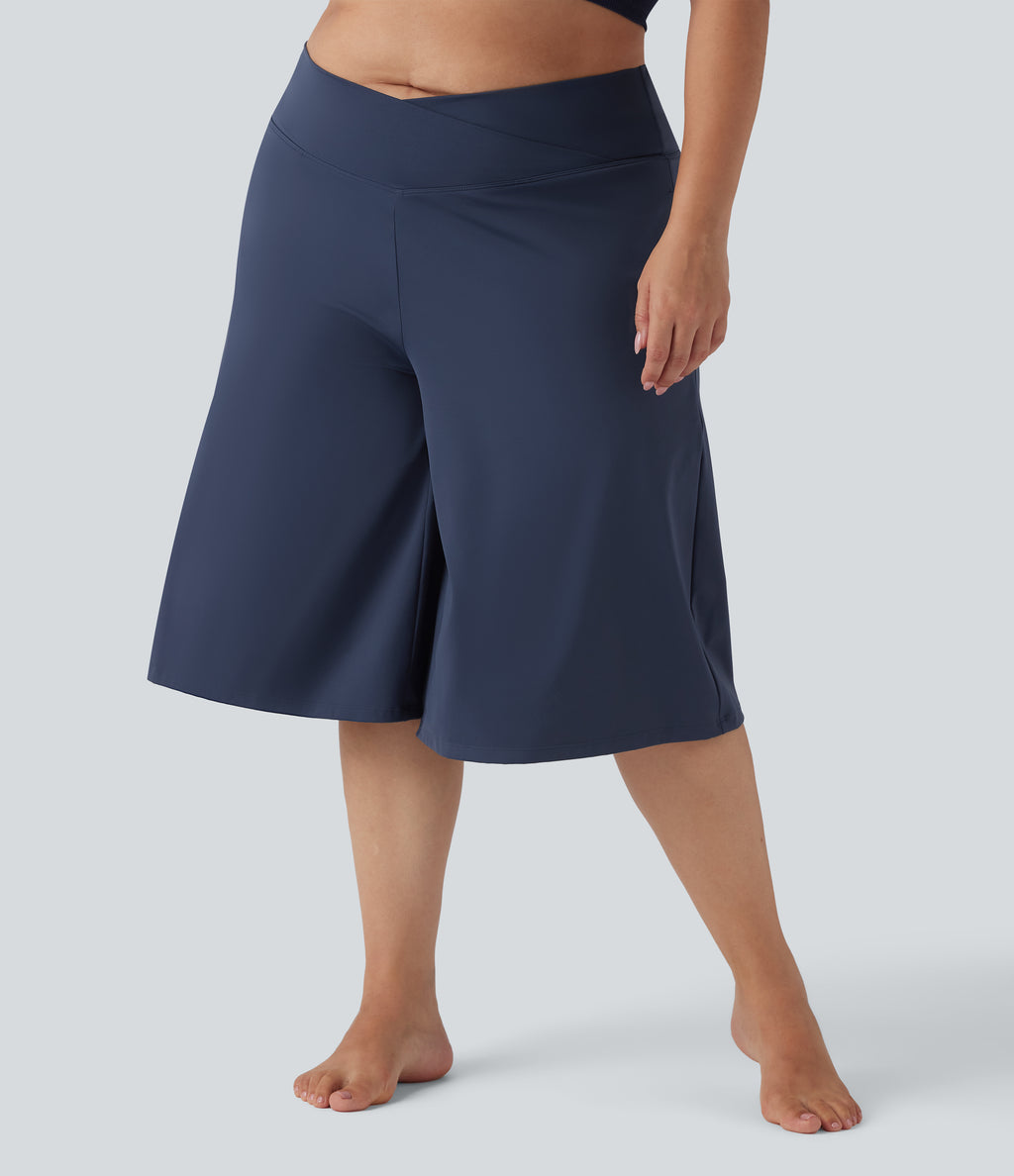 Airy Crossover High Waisted Wide Leg InstantCool Yoga Pedal Pusher Plus Size Trousers with Pockets — Mood Indigo — view 3