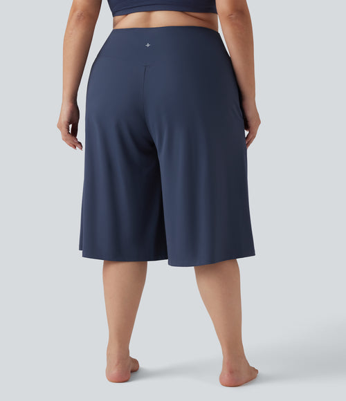 Airy Crossover High Waisted Wide Leg InstantCool Yoga Pedal Pusher Plus Size Trousers with Pockets — Mood Indigo — view 2