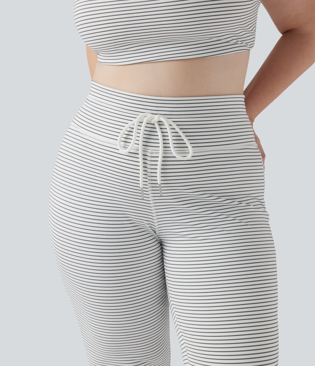 High Waisted Drawstring Stripe Flare Yoga Plus Size Trousers with Pockets — Zebra Ripple — view 4