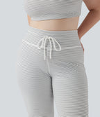 High Waisted Drawstring Stripe Flare Yoga Plus Size Trousers with Pockets — Zebra Ripple — view 4
