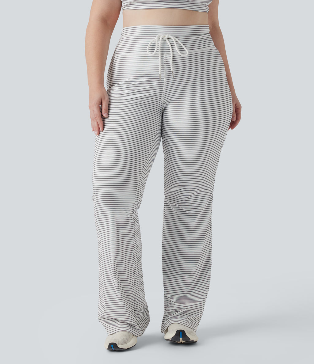 High Waisted Drawstring Stripe Flare Yoga Plus Size Trousers with Pockets — Zebra Ripple — view 3
