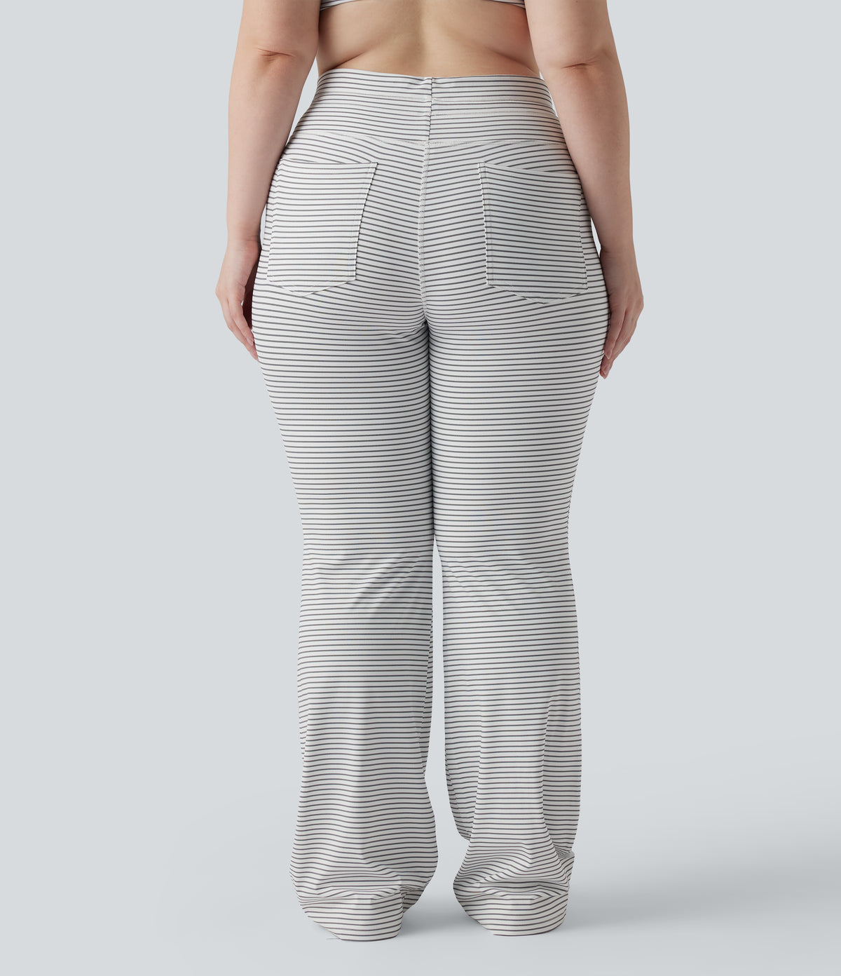 High Waisted Drawstring Stripe Flare Yoga Plus Size Trousers with Pockets — Zebra Ripple — view 2
