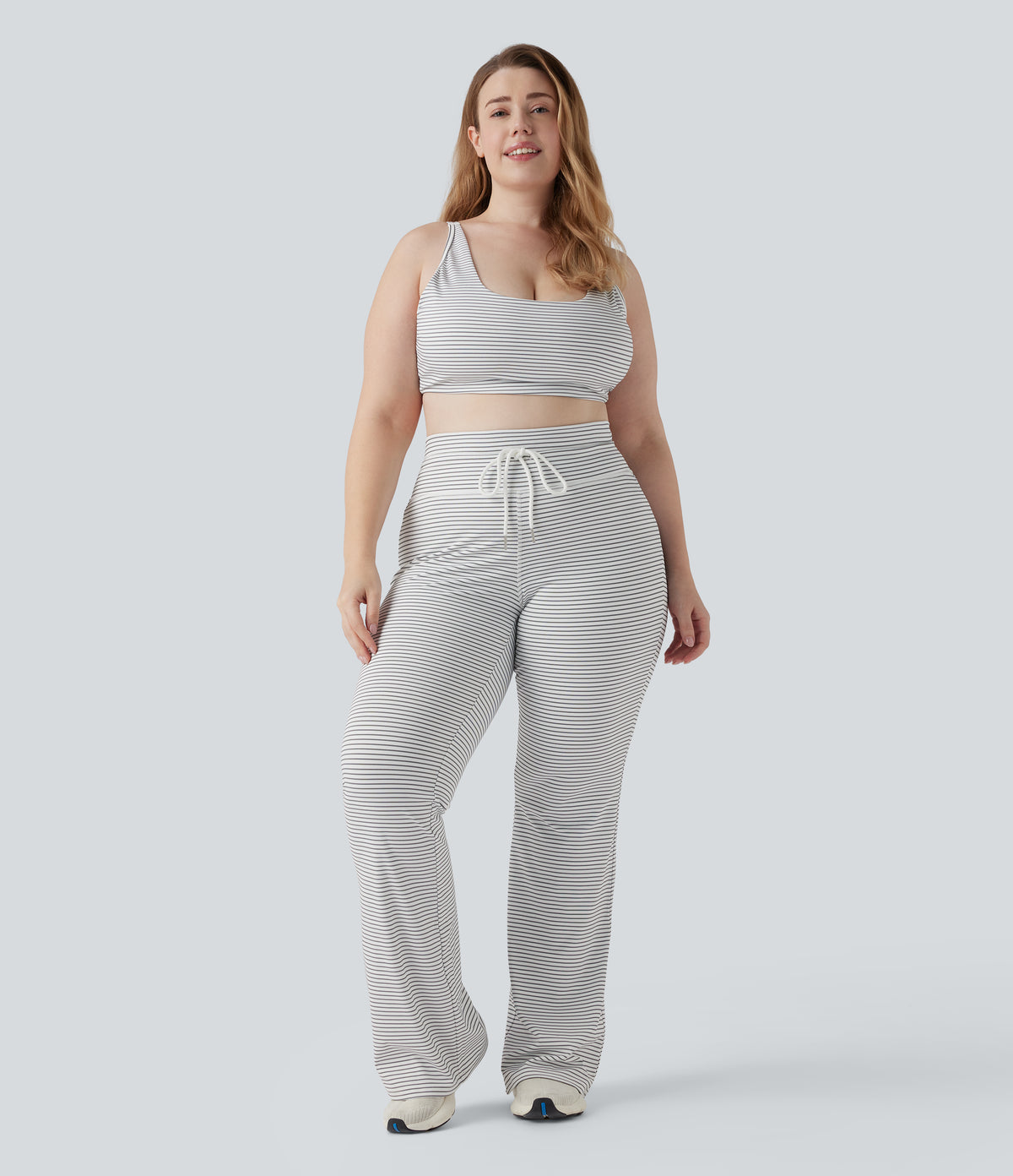 High Waisted Drawstring Stripe Flare Yoga Plus Size Trousers with Pockets — Zebra Ripple — view 6