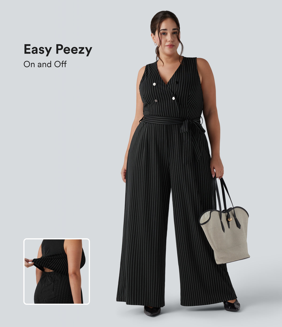 V Neck Sleeveless Belted Stripe InstantCool Work Plus Size Jumpsuit with Pockets — Black White Pinstripe — view 1