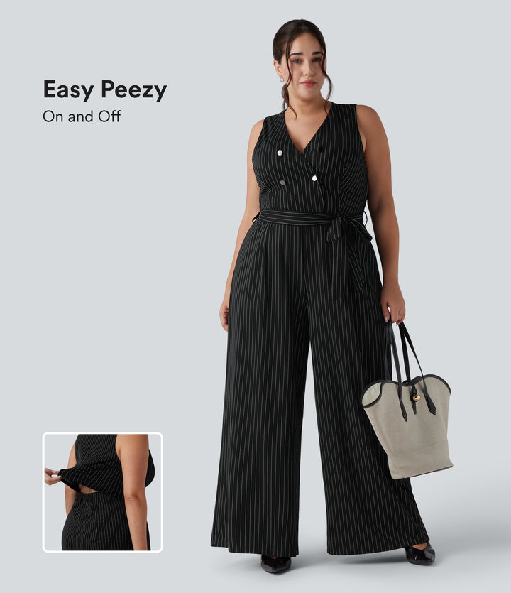 V Neck Sleeveless Belted Stripe InstantCool Work Plus Size Jumpsuit with Pockets — Black White Pinstripe — view 1
