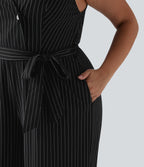 V Neck Sleeveless Belted Stripe InstantCool Work Plus Size Jumpsuit with Pockets — Black White Pinstripe — view 8