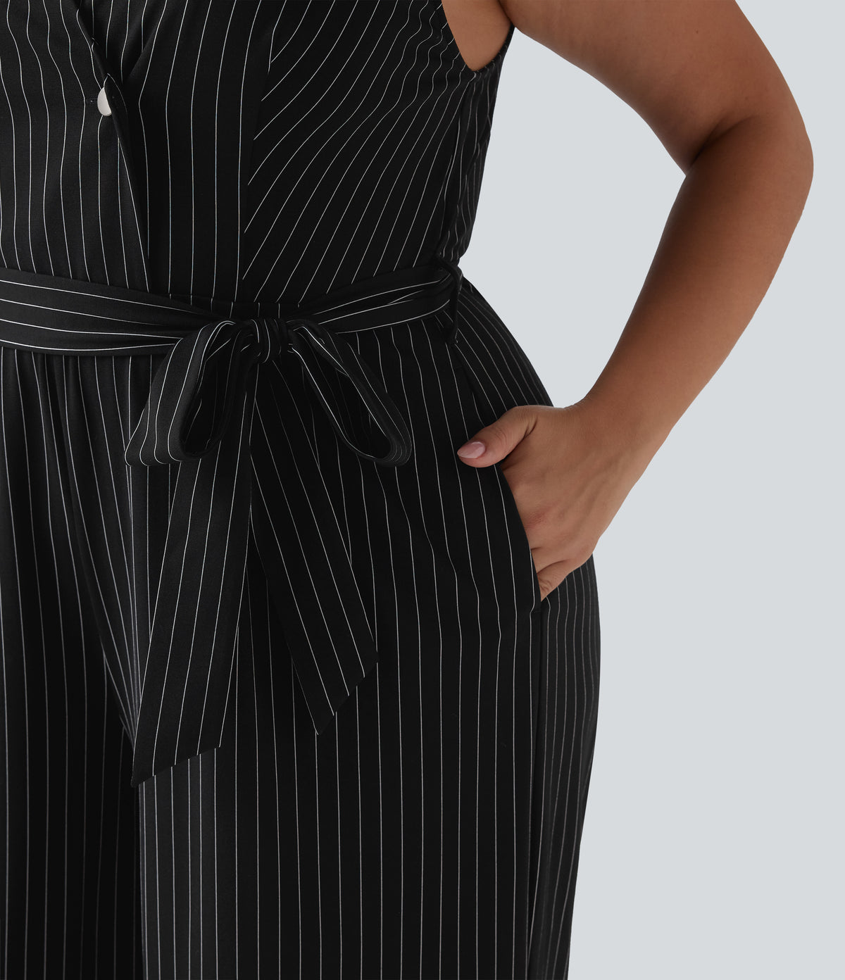 V Neck Sleeveless Belted Stripe InstantCool Work Plus Size Jumpsuit with Pockets — Black White Pinstripe — view 8