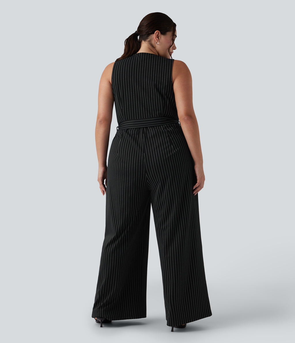 V Neck Sleeveless Belted Stripe InstantCool Work Plus Size Jumpsuit with Pockets — Black White Pinstripe — view 2