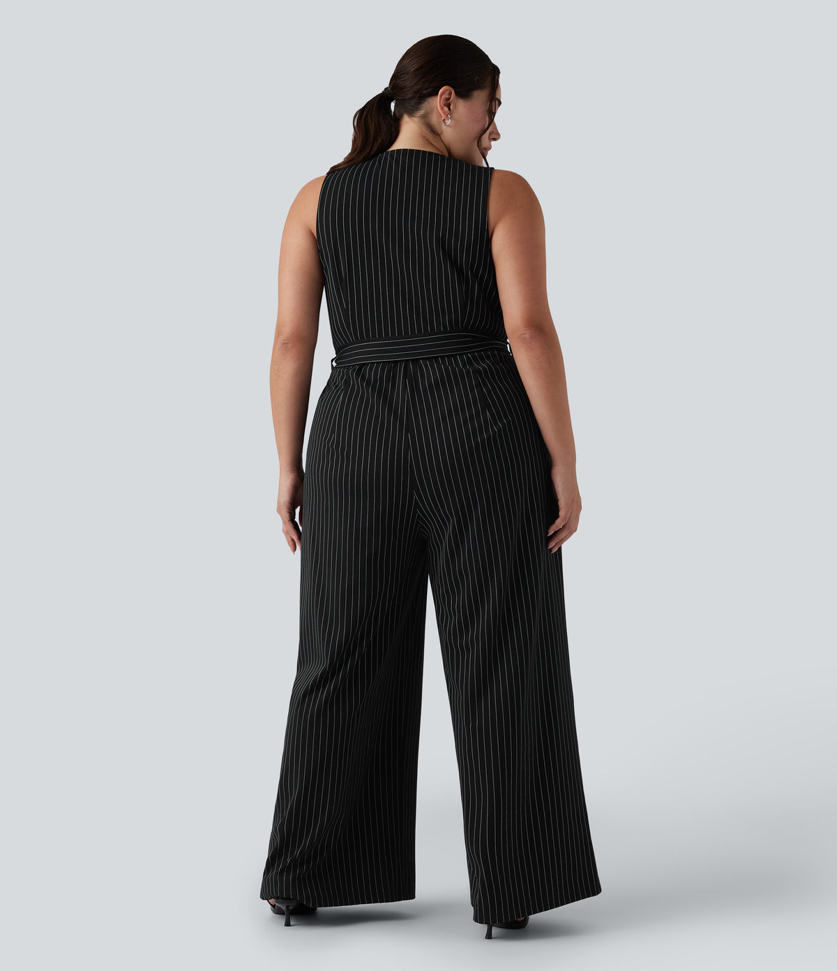 V Neck Sleeveless Belted Stripe InstantCool Work Plus Size Jumpsuit with Pockets — Black White Pinstripe — view 2