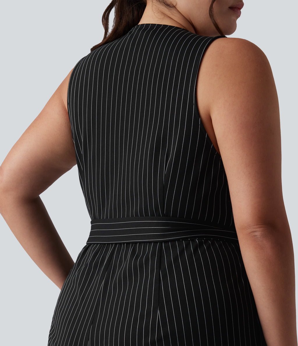 V Neck Sleeveless Belted Stripe InstantCool Work Plus Size Jumpsuit with Pockets — Black White Pinstripe — view 7