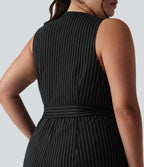 V Neck Sleeveless Belted Stripe InstantCool Work Plus Size Jumpsuit with Pockets — Black White Pinstripe — view 7
