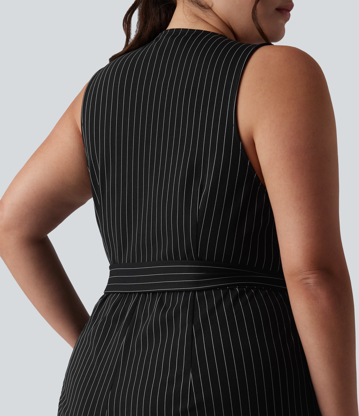V Neck Sleeveless Belted Stripe InstantCool Work Plus Size Jumpsuit with Pockets — Black White Pinstripe — view 7