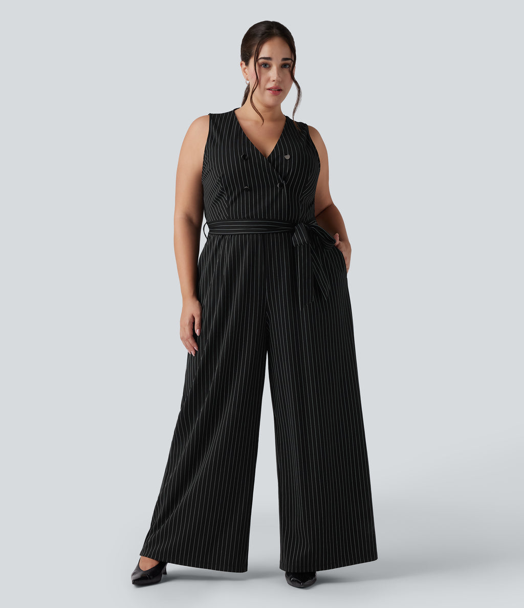 V Neck Sleeveless Belted Stripe InstantCool Work Plus Size Jumpsuit with Pockets — Black White Pinstripe — view 4
