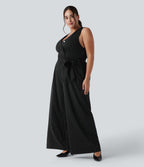 V Neck Sleeveless Belted Stripe InstantCool Work Plus Size Jumpsuit with Pockets — Black White Pinstripe — view 3