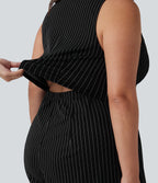 V Neck Sleeveless Belted Stripe InstantCool Work Plus Size Jumpsuit with Pockets — Black White Pinstripe — view 5