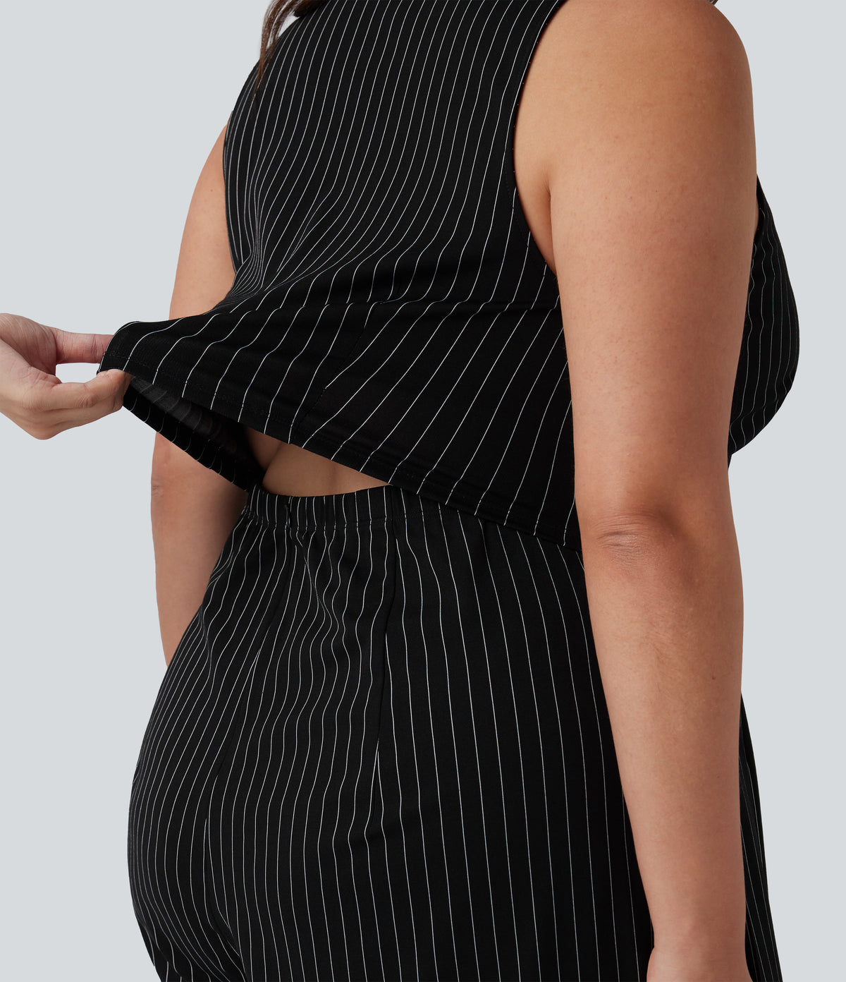 V Neck Sleeveless Belted Stripe InstantCool Work Plus Size Jumpsuit with Pockets — Black White Pinstripe — view 5
