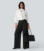 Crossover High Waisted Work Baggy Trousers with Pockets — Black — view 7