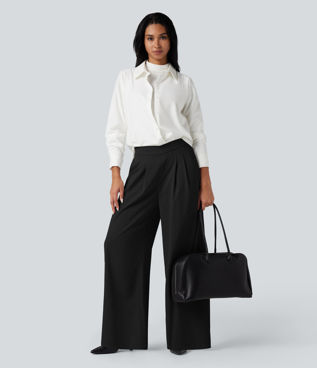 Crossover High Waisted Work Baggy Trousers with Pockets — Black — view 7