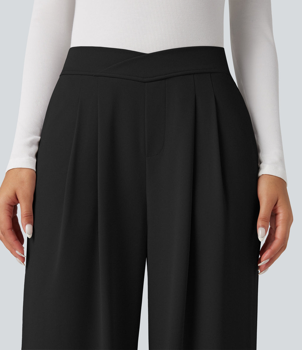 Crossover High Waisted Work Baggy Trousers with Pockets — Black — view 4