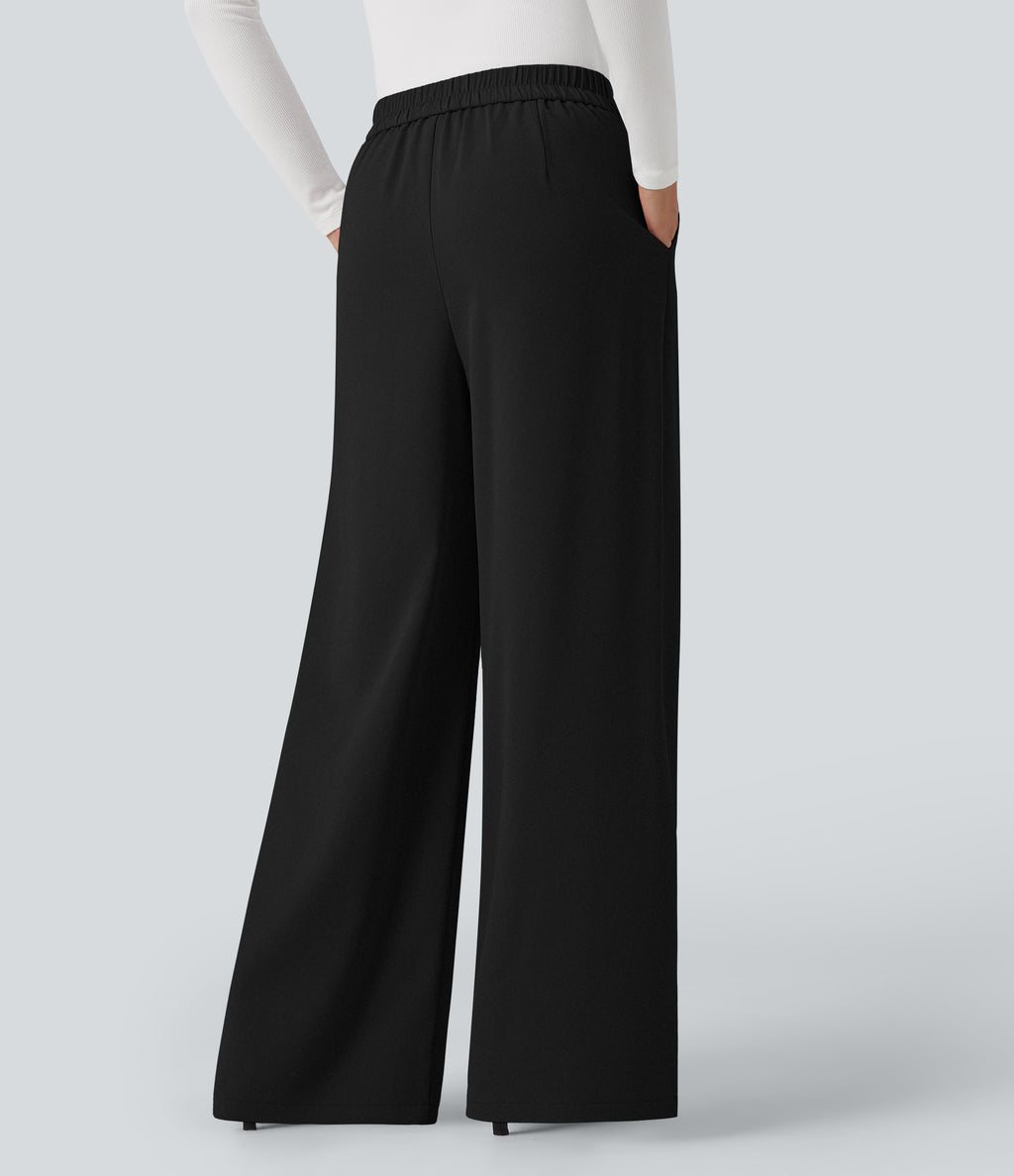 Crossover High Waisted Work Baggy Trousers with Pockets — Black — view 2