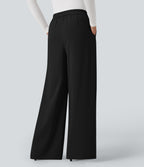 Crossover High Waisted Work Baggy Trousers with Pockets — Black — view 2