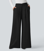 Crossover High Waisted Work Baggy Trousers with Pockets — Black — view 1