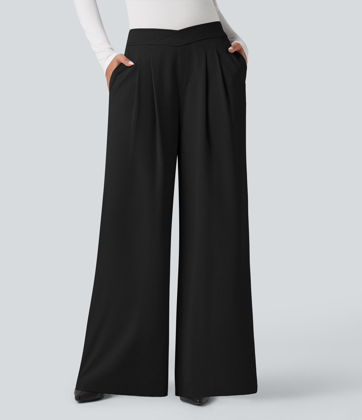 Crossover High Waisted Work Baggy Trousers with Pockets — Black — view 1