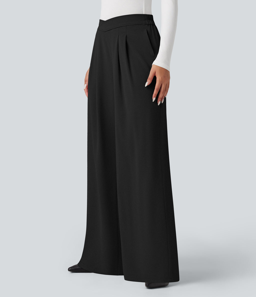 Crossover High Waisted Work Baggy Trousers with Pockets — Black — view 3