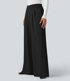 Crossover High Waisted Work Baggy Trousers with Pockets — Black — view 3
