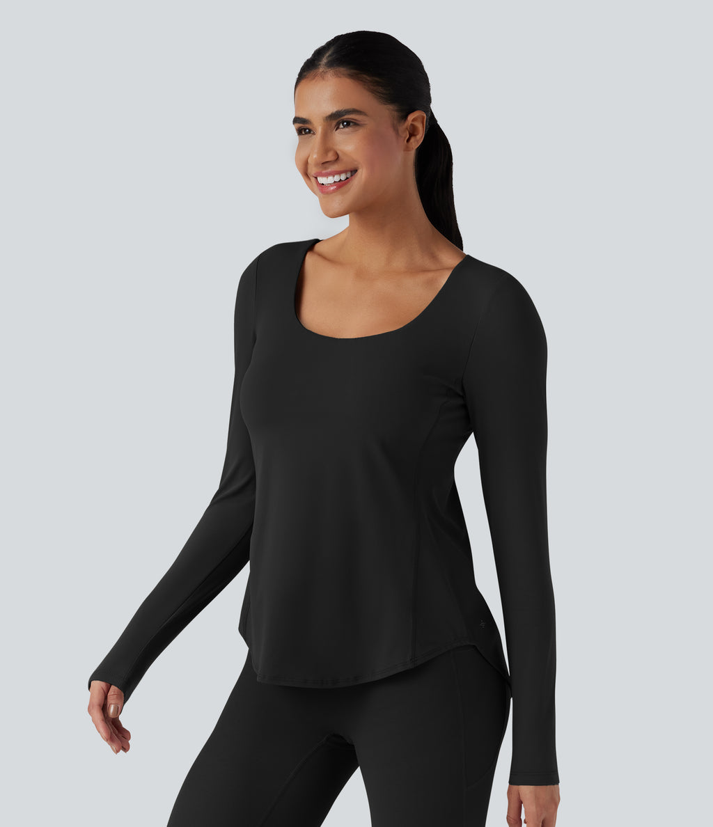 Crisscross Backless Long Sleeve Curved Hem Training Sports Top — Black — view 3