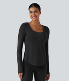 Crisscross Backless Long Sleeve Curved Hem Training Sports Top — Black — view 2