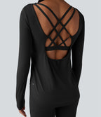 Crisscross Backless Long Sleeve Curved Hem Training Sports Top — Black — view 4