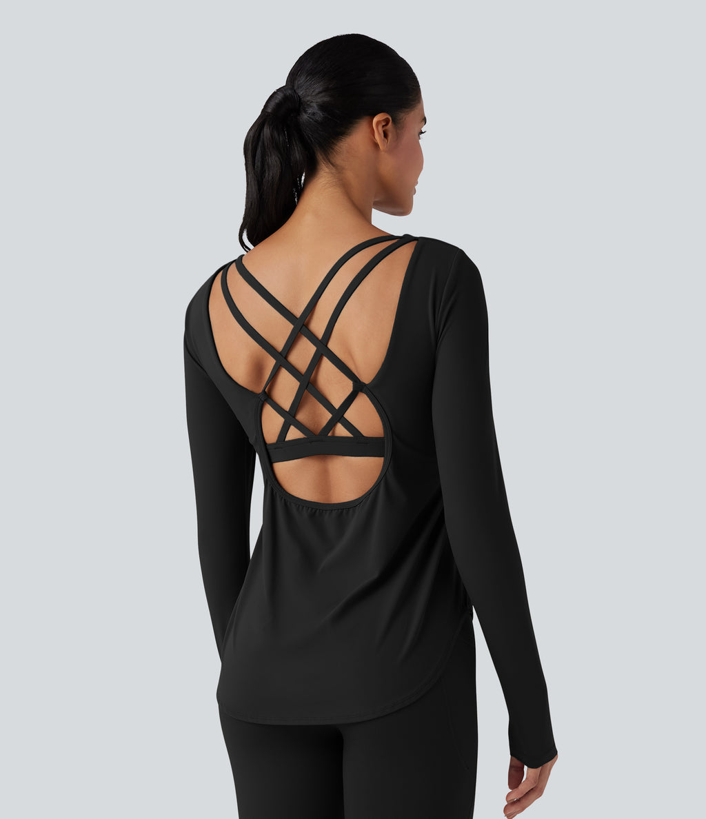 Crisscross Backless Long Sleeve Curved Hem Training Sports Top — Black — view 1