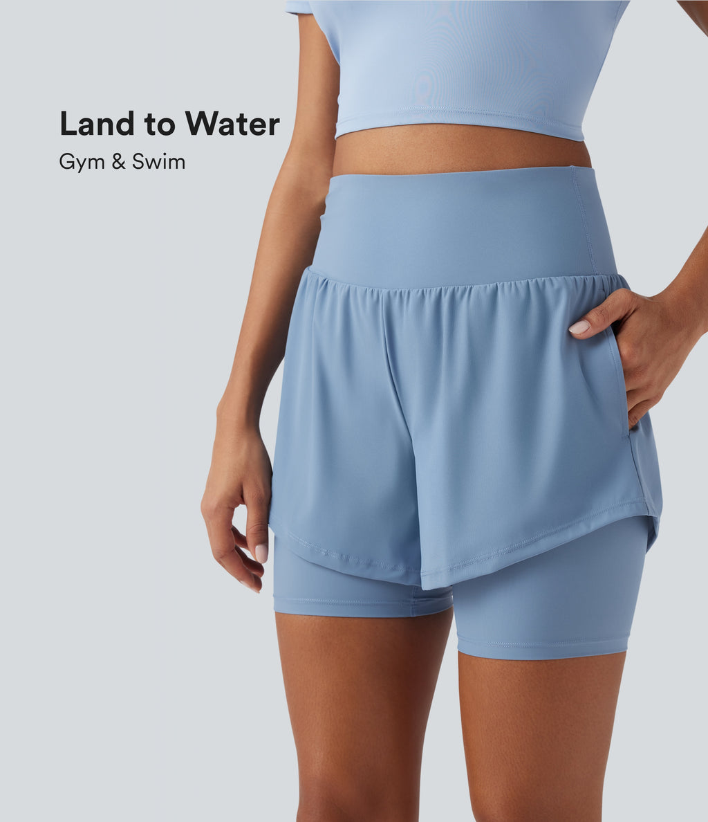 Land to Water High Waisted 2-in-1 Bikini Bottoms 7'' with Pockets — Fairview Blue — view 1