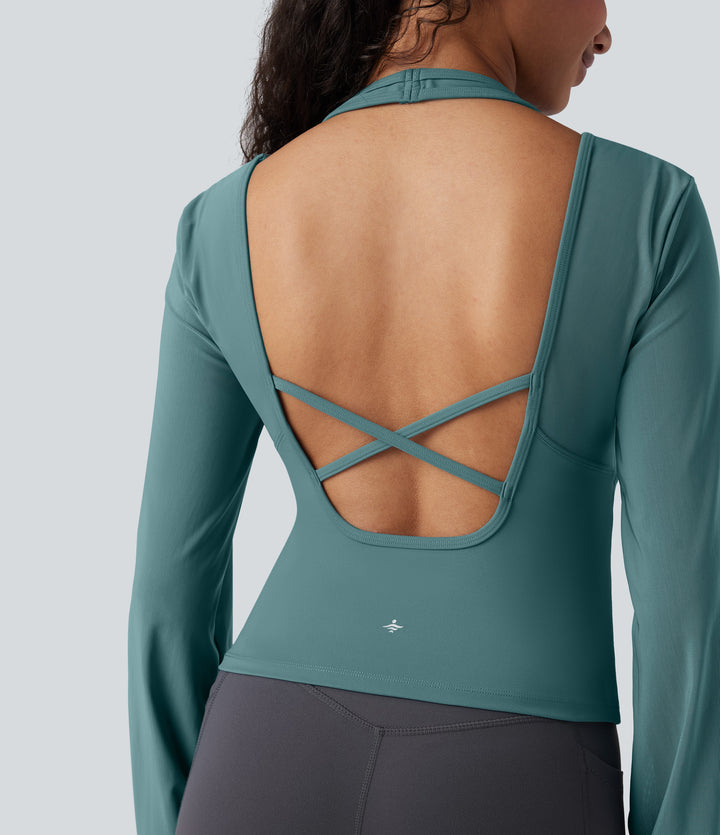 Airy Halter Backless Bishop Long Sleeve Contrast Mesh Yoga Sports Top — Rock Cyan Blue — view 1