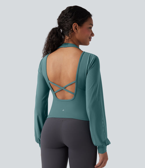 Airy Halter Backless Bishop Long Sleeve Contrast Mesh Yoga Sports Top — Rock Cyan Blue — view 2