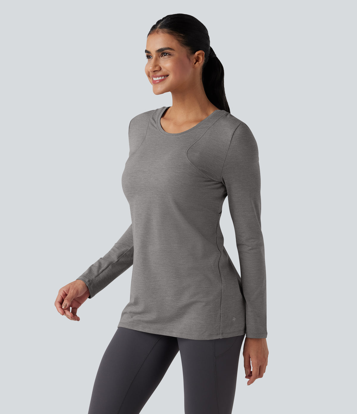 Crisscross Split Back Long Sleeve 2-in-1 Yoga Sports Top — Mottled Earth Gray — view 5
