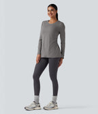 Crisscross Split Back Long Sleeve 2-in-1 Yoga Sports Top — Mottled Earth Gray — view 7