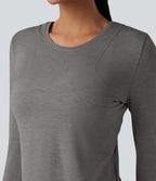 Crisscross Split Back Long Sleeve 2-in-1 Yoga Sports Top — Mottled Earth Gray — view 6