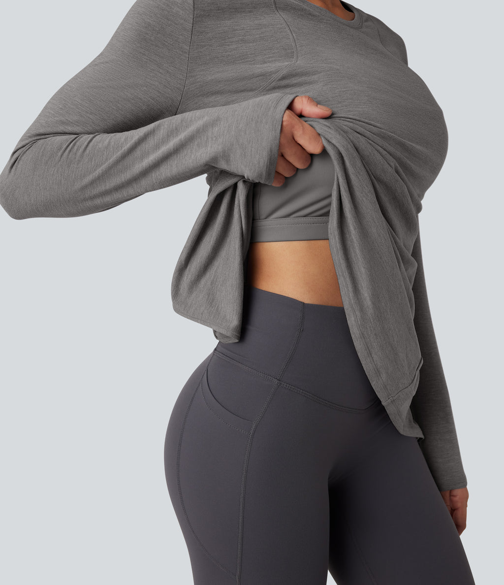 Crisscross Split Back Long Sleeve 2-in-1 Yoga Sports Top — Mottled Earth Gray — view 1