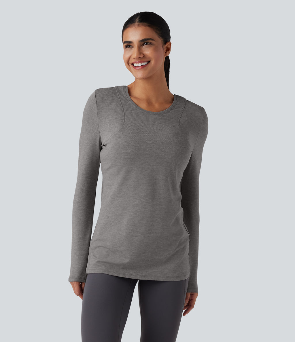 Crisscross Split Back Long Sleeve 2-in-1 Yoga Sports Top — Mottled Earth Gray — view 4