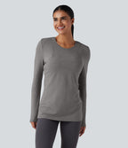 Crisscross Split Back Long Sleeve 2-in-1 Yoga Sports Top — Mottled Earth Gray — view 4