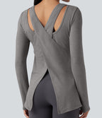 Crisscross Split Back Long Sleeve 2-in-1 Yoga Sports Top — Mottled Earth Gray — view 2