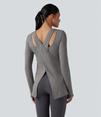 Crisscross Split Back Long Sleeve 2-in-1 Yoga Sports Top — Mottled Earth Gray — view 3