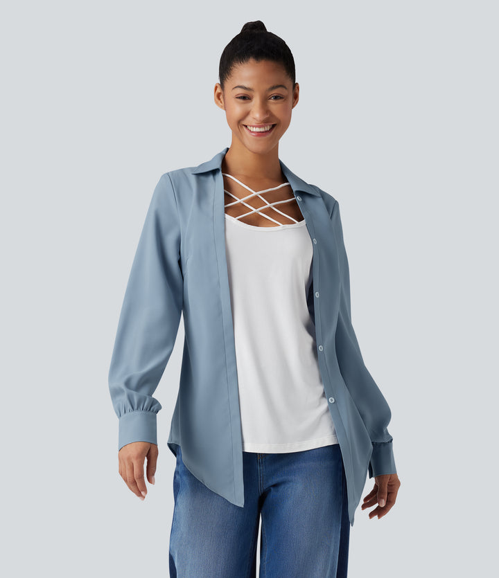 Wrinkle Recovery Collar Crisscross Curved Hem Color Block 2-in-1 Casual Shirt — Mountain Spring — view 1