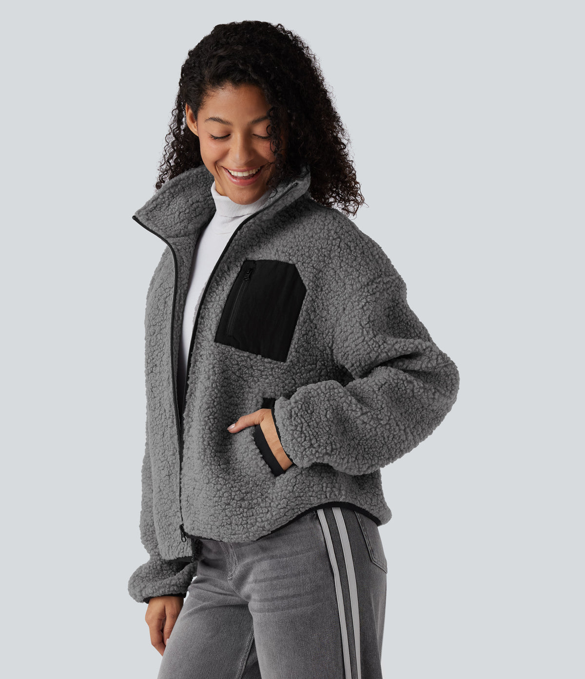 Turtleneck Long Sleeve Casual Sherpa Jacket with Pockets — Gray Contours — view 4